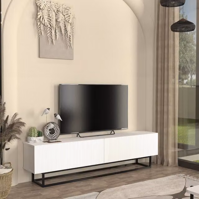Mobile Porta TV Verpsboga en.casa con 2 Ante Decorative e Telaio in Metallo, Bianco, L: 180 cm, P: 31,5 cm, H: 46,5 cm