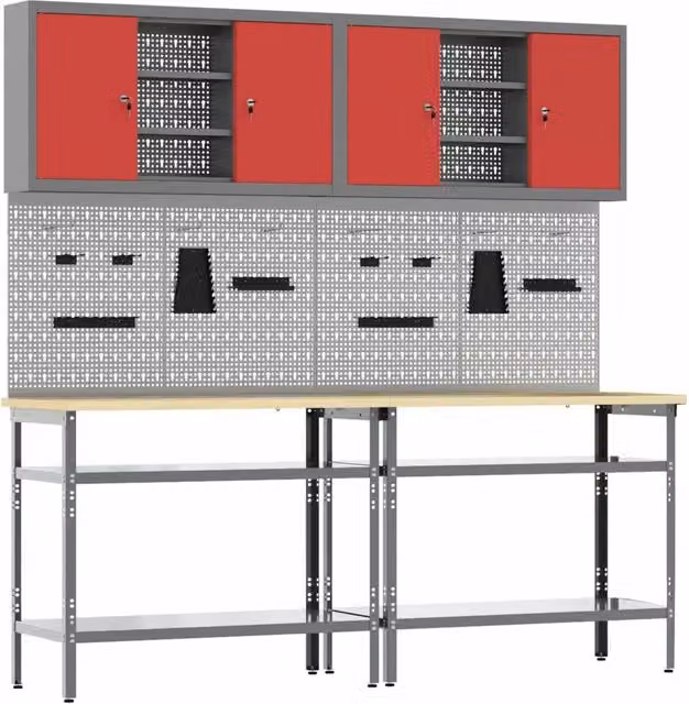 Set banco da lavoro vidaXL 8 pz in acciaio con pannello forato e altezza regolabile, Rosso e Grigio