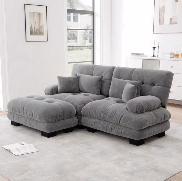 Divano modulare 220.0x145.0x81.0 cm con ottomane mobili in ciniglia grigio