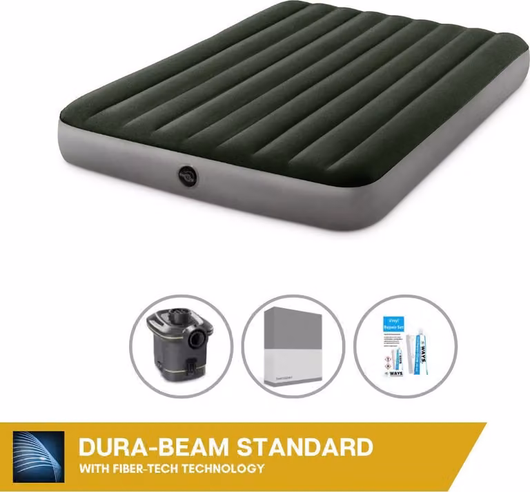 Letto ad aria Intex - 2 persone - 152 x 203 x 25 cm - Verde - Con pompa + lenzuola antracite + set di riparazione