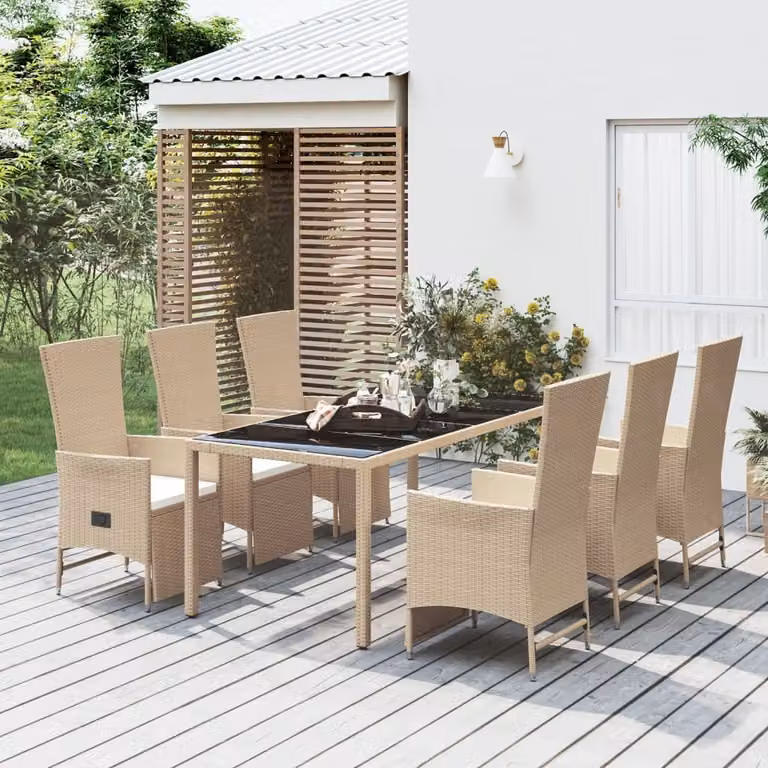 The Living Store Set da pranzo da giardino 7 pezzi con cuscini Beige poly rattan