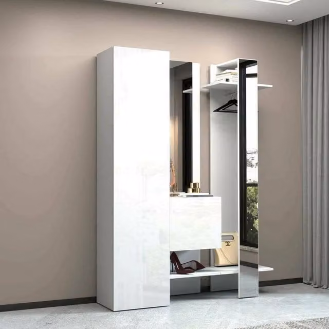 Mobile da ingresso Arabelle DMORA, armadietto multifunzione a 2 ante con specchi e appendiabiti, Bianco lucido, L: 140 cm, P: 35 cm, H: 190 cm