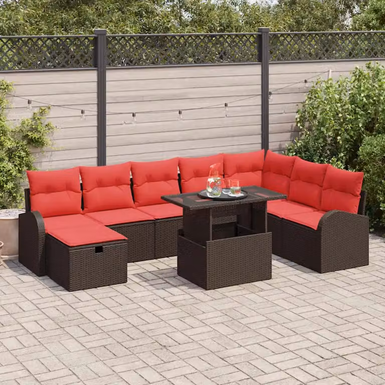Set Divano da Giardino vidaXL 9 pz in Polyrattan Marrone con Cuscini e Tavolino