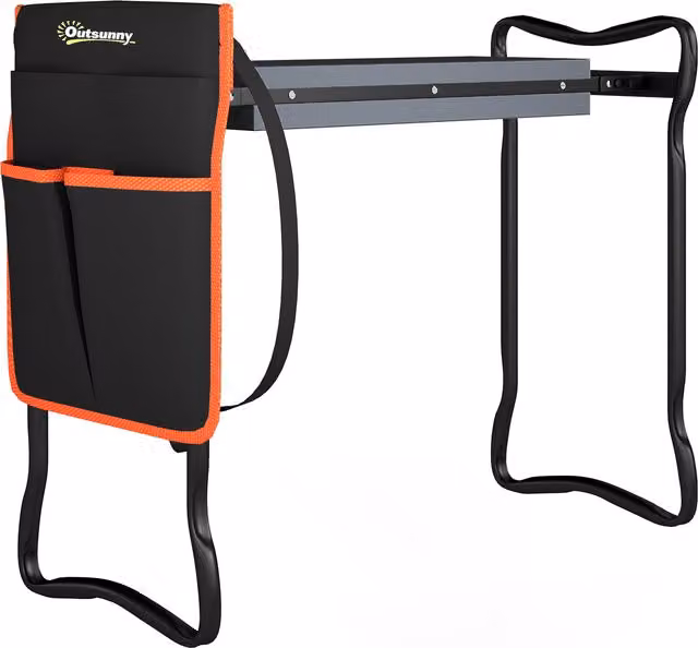 Sgabello da giardino pieghevole Outsunny con cuscinetto in EVA e borsa porta-attrezzi nera