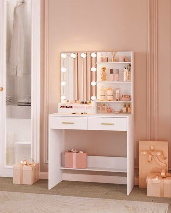 Comò con specchio illuminato a LED, due cassetti, quattro ripiani