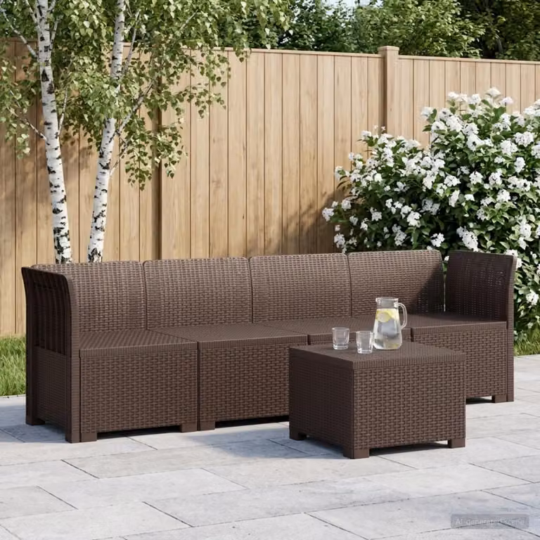 Set da giardino vidaXL composto da divano a 4 posti, elemento angolare e tavolino da caffè in stile rattan marrone con cuscini inclusi