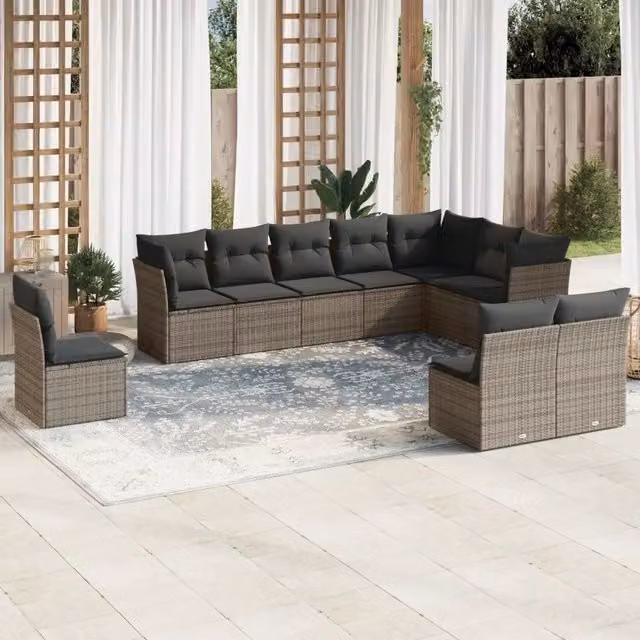 Set Divano da Giardino Moderno VIDAXL in Polyrattan Grigio con 10 Pezzi e Cuscini – 1