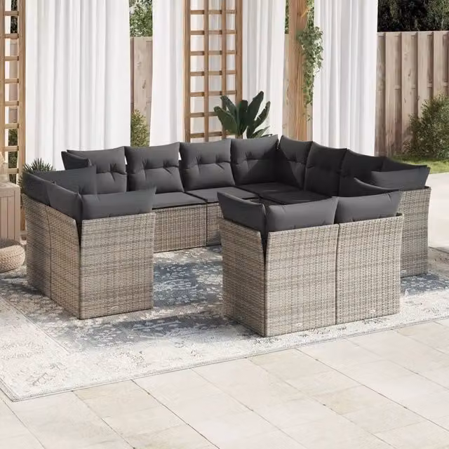 Set di Divani da Giardino VIDAXL a Forma di U in Polyrattan Grigio con Cuscini, 11 Pezzi