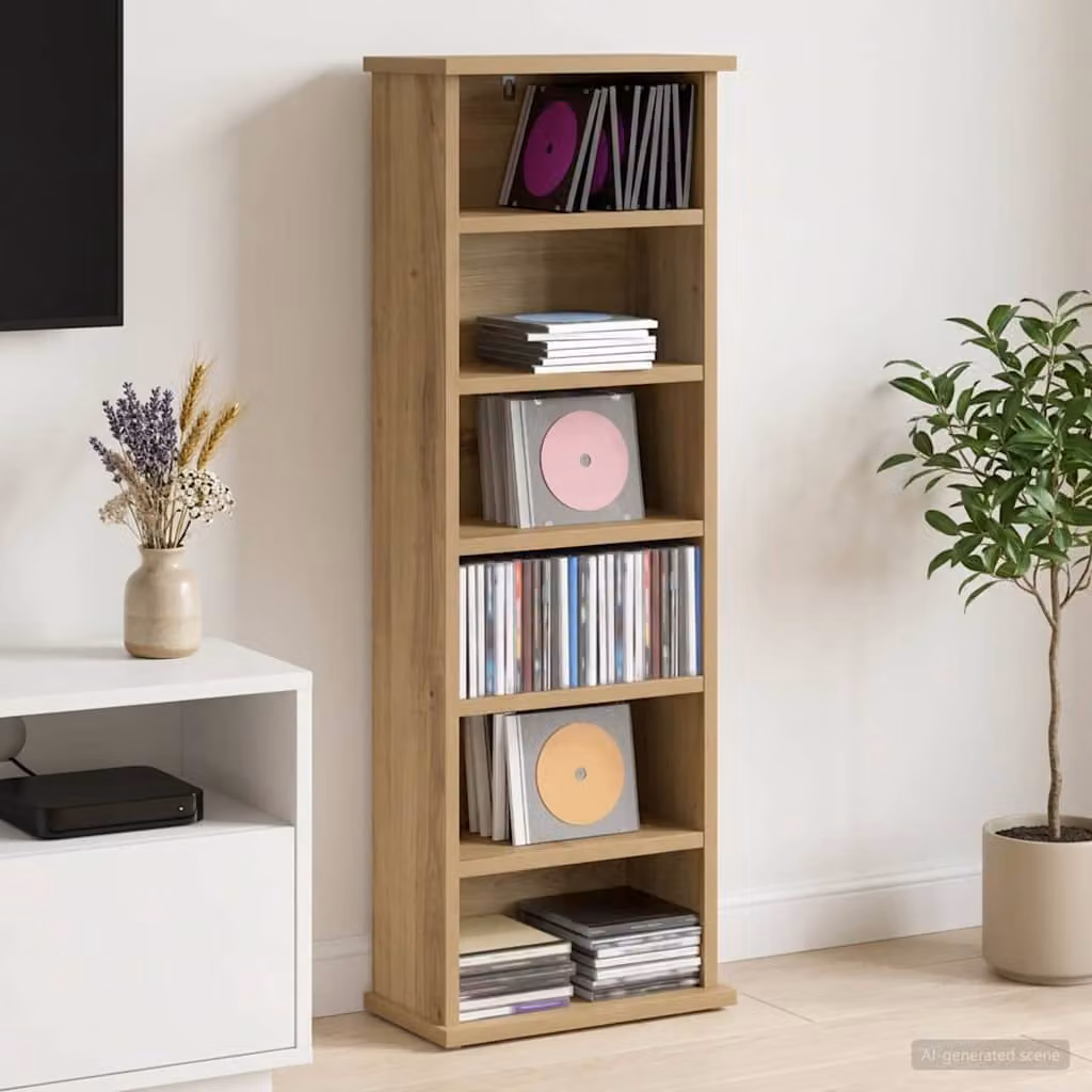 Mobile per CD e media vidaXL in legno color rovere marrone con ripiani regolabili L: 60 cm, P: 17 cm, H: 92 cm