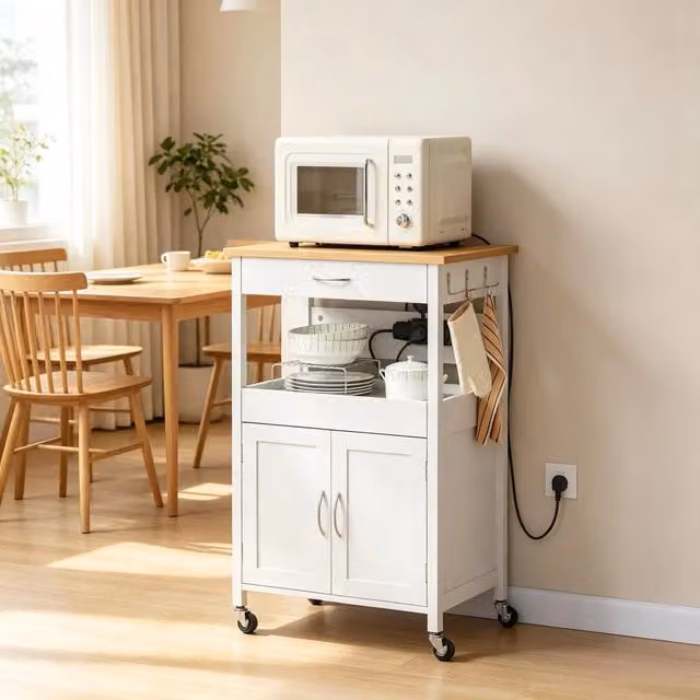 Carrello da cucina moderno WISHDOR bianco con ruote, 2 prese, 1 cassetto, 1 ripiano e 1 armadio, L/P/H: 60 x 45 x 92 cm