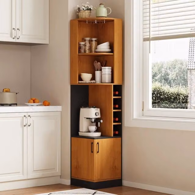 Mobile angolare per vino Minimal in legno e metallo marrone, ideale per cucina, soggiorno o sala da pranzo, L/P/H: 40 x 40 x 182 cm