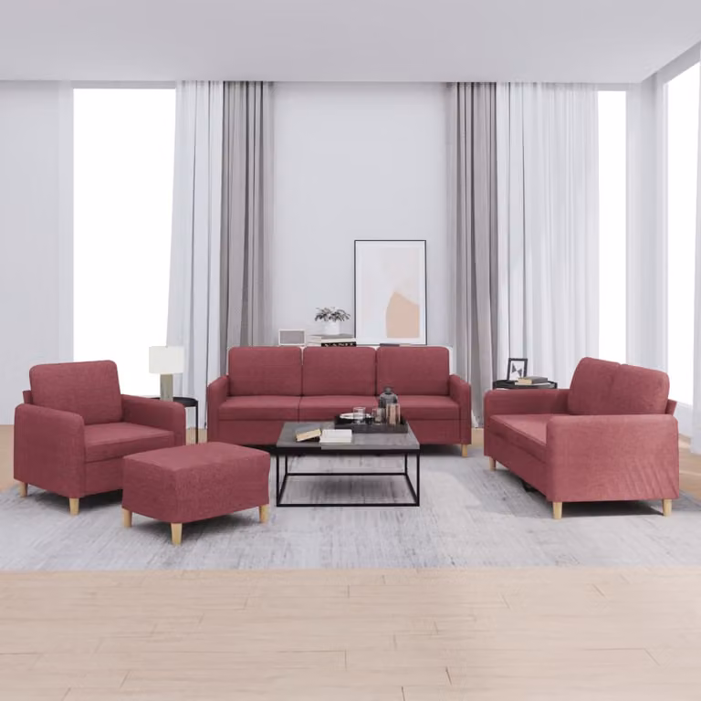 Set di divani vidaXL 4 pezzi in tessuto rosso con pouf e cuscini per soggiorno moderno