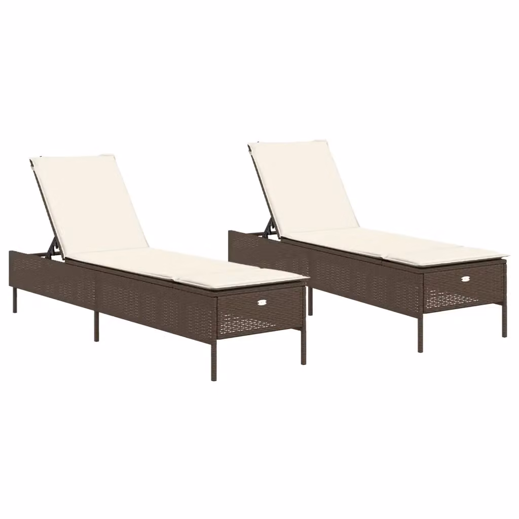 Set di 2 lettini prendisole vidaXL in polyrattan marrone con cuscini bianchi regolabili – 2