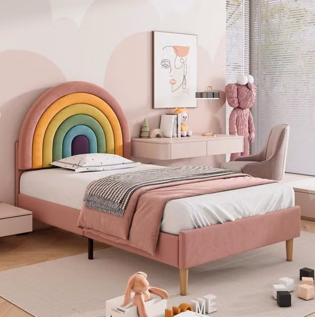 Letto imbottito rosa 90x200 cm con rete a doghe, testiera regolabile in altezza, tessuto in velluto, struttura robusta, adatto a adulti e giovani