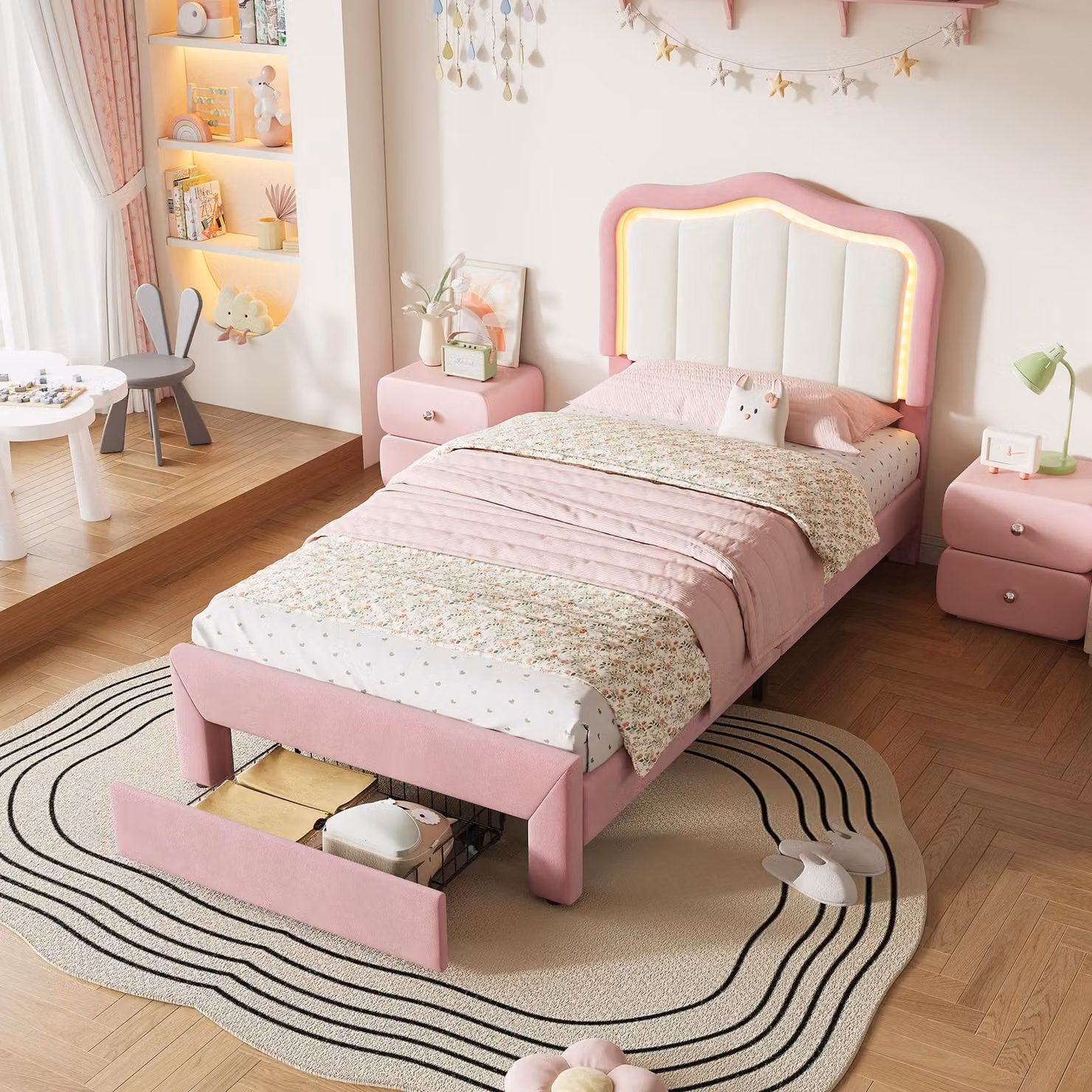 Letto imbottito Flieks, 90 x 200 cm, con testiera, letto singolo con cassetti, lettino per bambini con schienale e illuminazione a LED, colore rosa, rivestito in velluto e realizzato con compensato e MDF