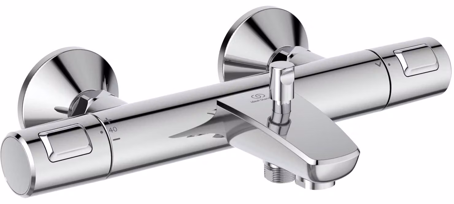 Termostato per rubinetteria da bagno, da montare a parete, finitura cromata, due manopole, realizzato in ottone, larghezza 315 mm