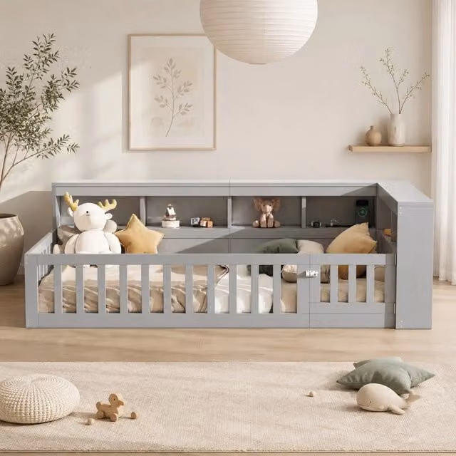 Letto singolo 90 × 200 cm con rete a doghe prese USB vano portaoggetti sponda laterale in truciolare grigio