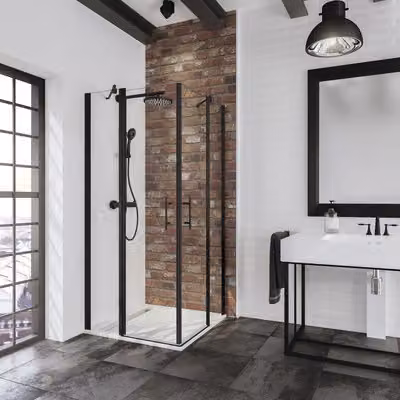 SCHULTE Porta angolare con apertura a battente e porta girevole, modello Alexa Style 2.0 ExpressPlus, dimensioni 100 x 100 x 192 cm, profilo nero, vetro trasparente antismoglie