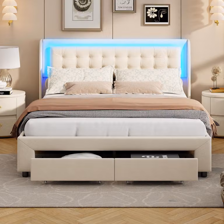 Letto imbottito Fortuna Lai 140x190 cm, idraulico, letto contenitore in velluto, con testiera e rete a doghe, beige