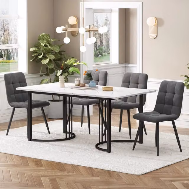 Set da pranzo 5 pezzi: tavolo 140x80 cm piano MDF bianco gambe metallo nero, 4 sedie velluto grigio scuro