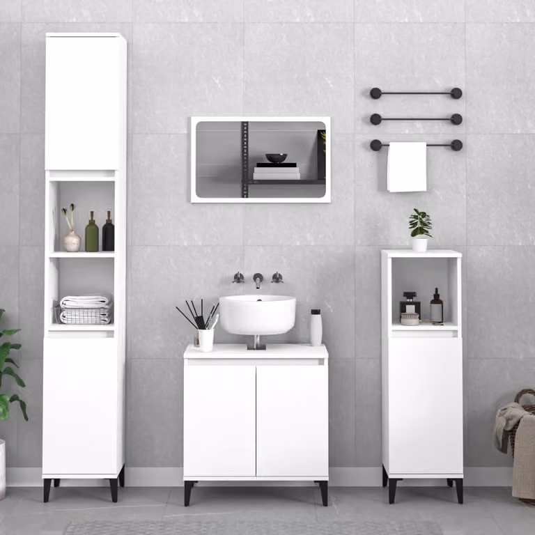 Set di mobili da bagno moderno vidaXL in 3 pezzi bianco con mobile lavabo e colonna, L/P/H: 60 x 33 x 58 cm e 60 x 33 x 126 cm