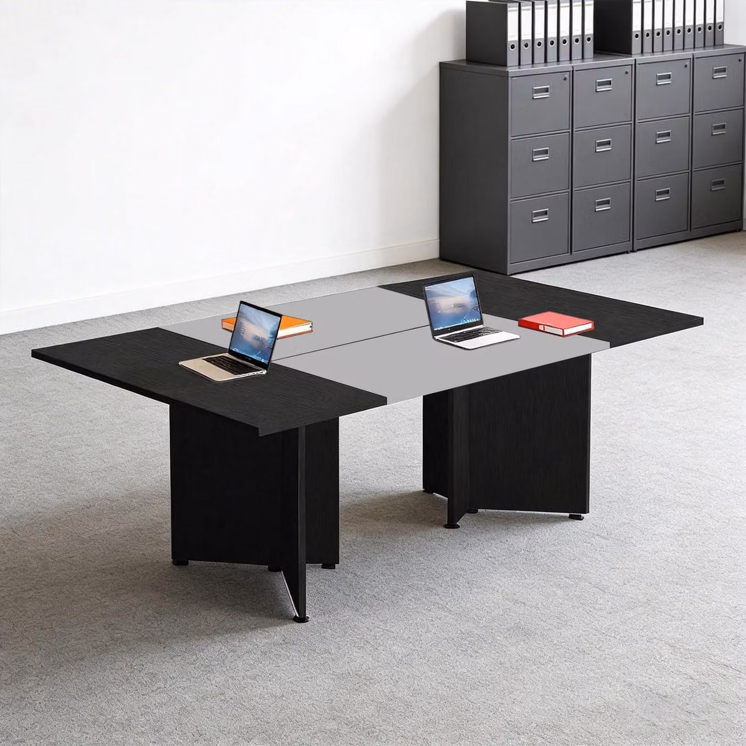 Tavolo da conferenza modulare, estendibile, dimensioni 240x120x74 cm, colore nero e grigio scuro