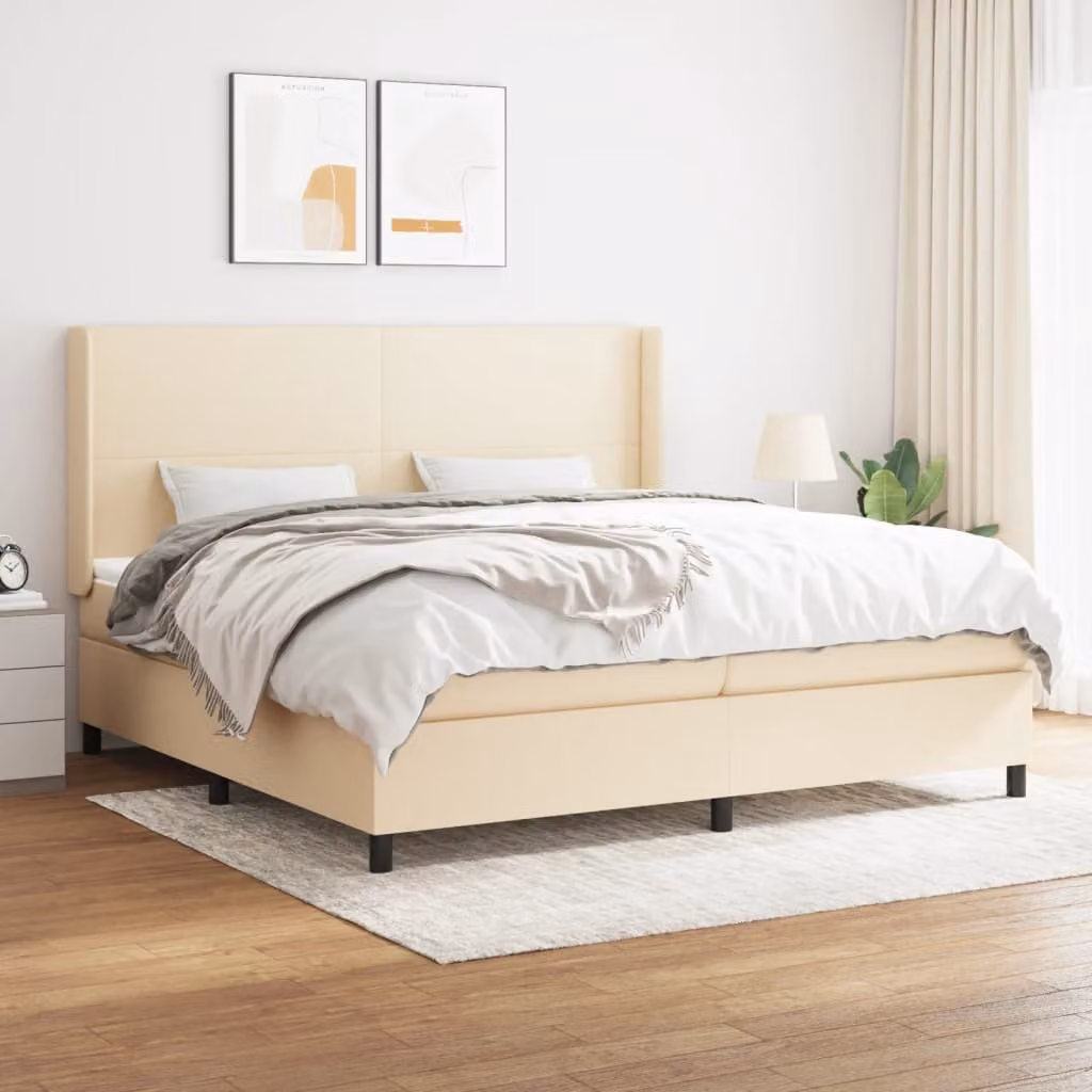The Living Store Letto a molle con materasso crema 200x200 cm in tessuto