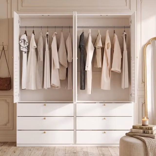 Armadio 4 ante 180 × 50 × 200 cm con 6 cassetti e 2 appendiabiti in pannello truciolare bianco