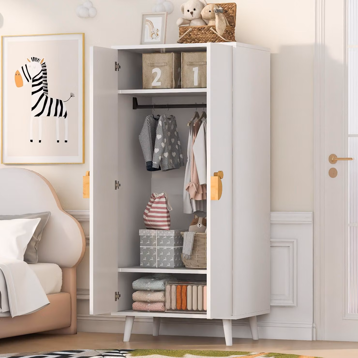 Armadio Merax con ampi scomparti, design a doppia porta, maniglie a forma di cartone animato e piedini rialzati, ideale per camera da letto o cameretta, colore bianco
