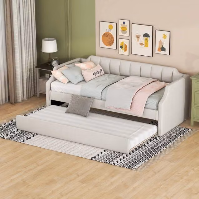 Letto da giorno 90x200 cm; con letto estraibile; cotone lino; beige (Senza materasso)