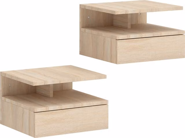 Set di 2 Comodini Sospesi HOMCOM con Cassetto e Mensola Aperta, Rovere, L 35 cm x P 32 cm x H 22,5 cm