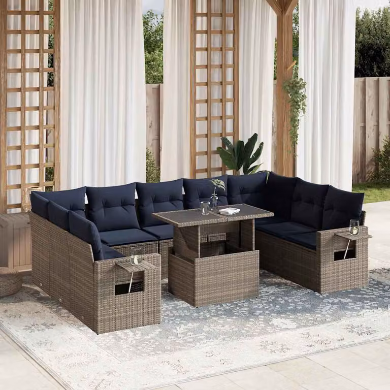 Set di divani da giardino vidaXL a forma di U composto da 10 pezzi in polyrattan con cuscini grigi e blu e tavolino da esterno