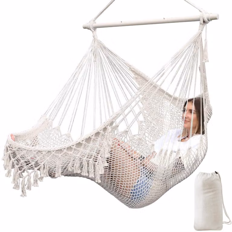 Sedia a dondolo sospesa, realizzata con corda di cotone, dimensioni 240x80 cm, colore bianco, con supporto a barra