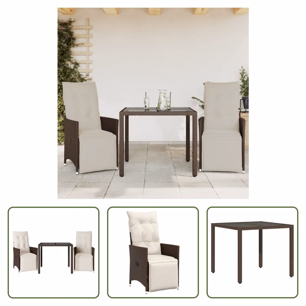 The Living Store Set da giardino bistrot 3 pezzi con cuscini in poly rattan marrone