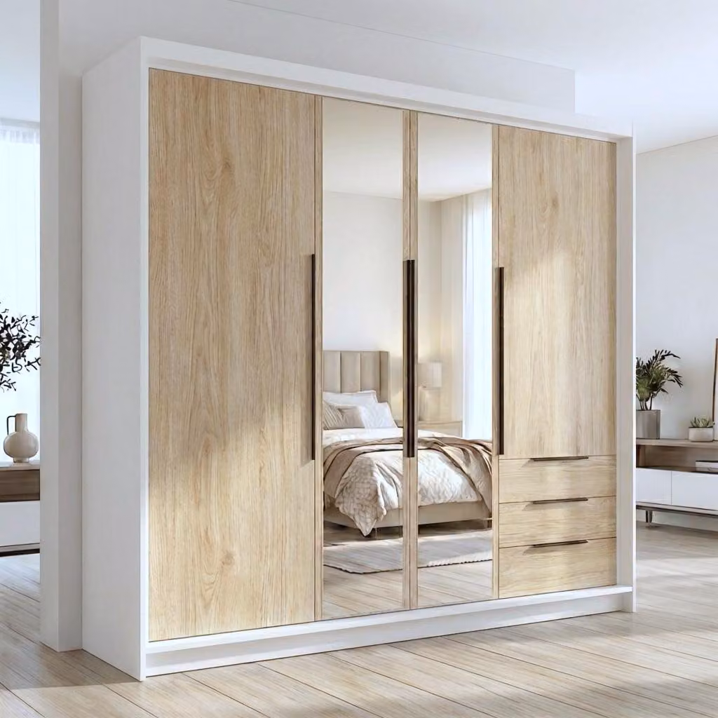 Spazioso armadio a quattro ante VIVO con cassetti e maniglie in metallo – design moderno