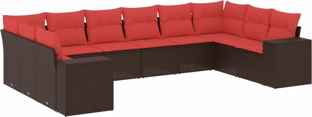Set Divani da Giardino 10 pz con Cuscini Marrone in Polyrattan