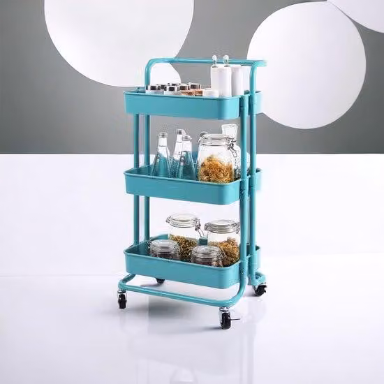 Carrello a tre ruote con telaio in acciaio, cassetto girevole con 3 ripiani, carrello da trasporto versatile
