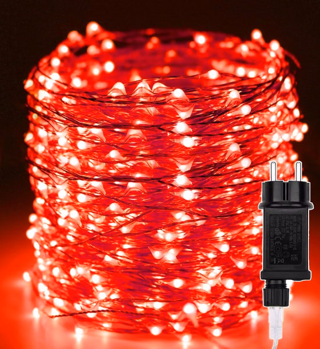 Catena luminosa a LED, 50 metri, 500 LED, filo di rame, 8 modalità, impermeabile, colore rosso