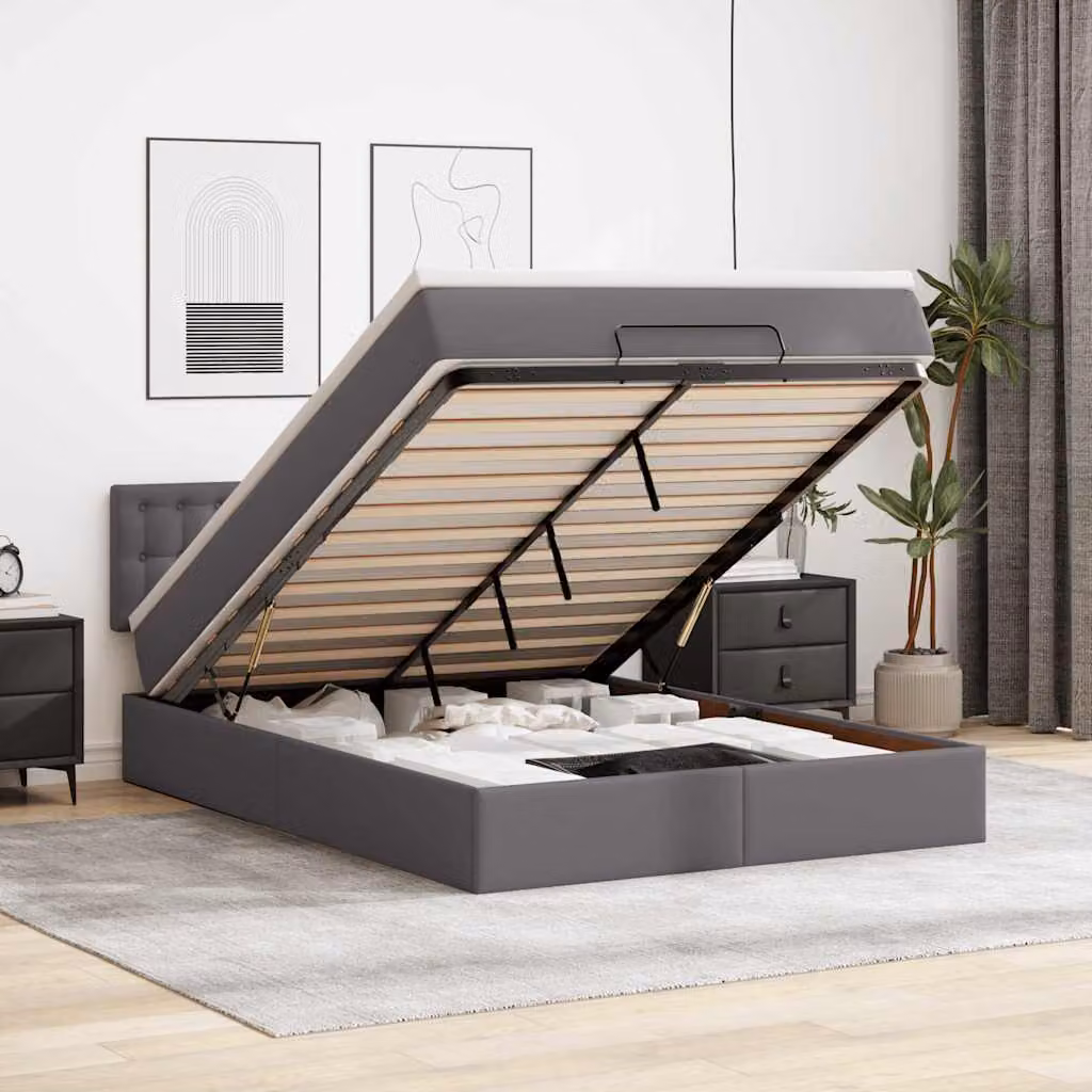 vidaXL Struttura Letto con Materasso e Contenitore a Sollevamento, Rivestimento in Similpelle Grigio e Bianco, L: 193 cm, P: 144 cm, H: 88 cm – 1