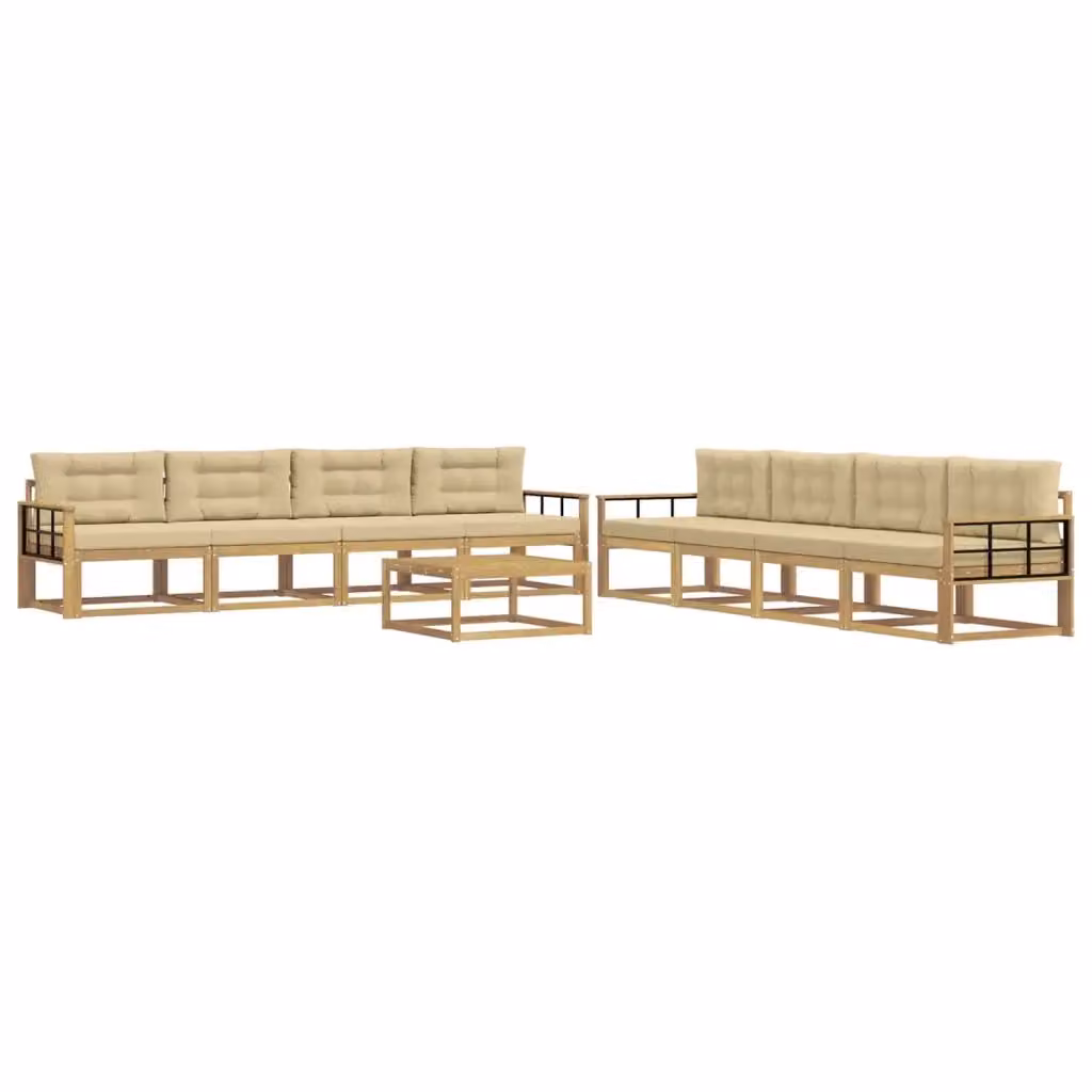 Set di divani da esterno vidaXL a forma di U composto da 9 pezzi con tavolino da caffè, in legno di acacia e tessuto beige e bianco resistente ai raggi UV – 2