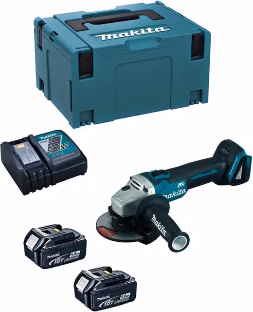 Mini-Smerigliatrice Makita DGA504RTJ con 2 batterie da 5,0 Ah, caricabatterie DC18RC e sistema di trasporto MAKPAC 3