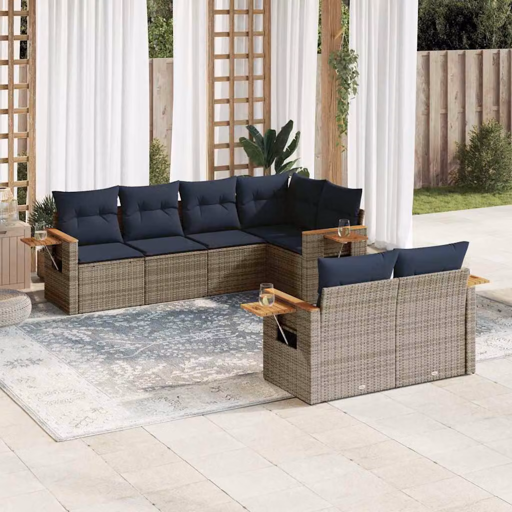 vidaXL Set Divani da Giardino a L 7 pz in Polyrattan con Cuscini Blu e Grigio – 1