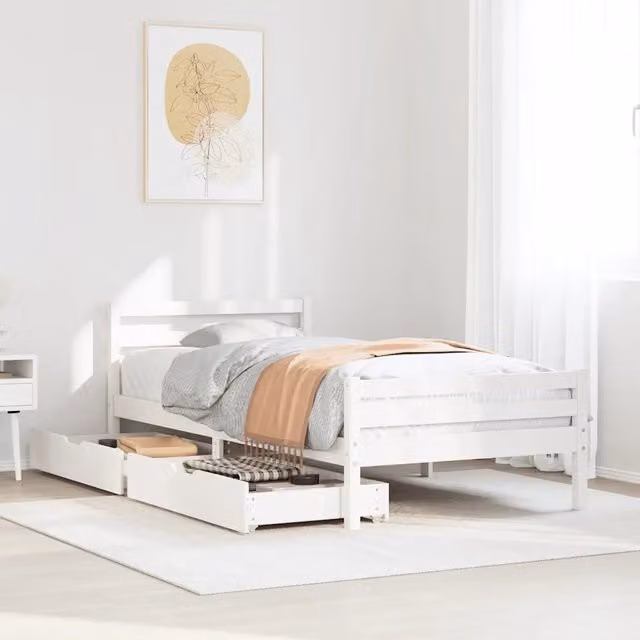 Struttura Letto Design Mania in Legno Massello di Pino Bianco con Doghe in Legno L/P/H: 205.5 x 100 x 105.5 cm