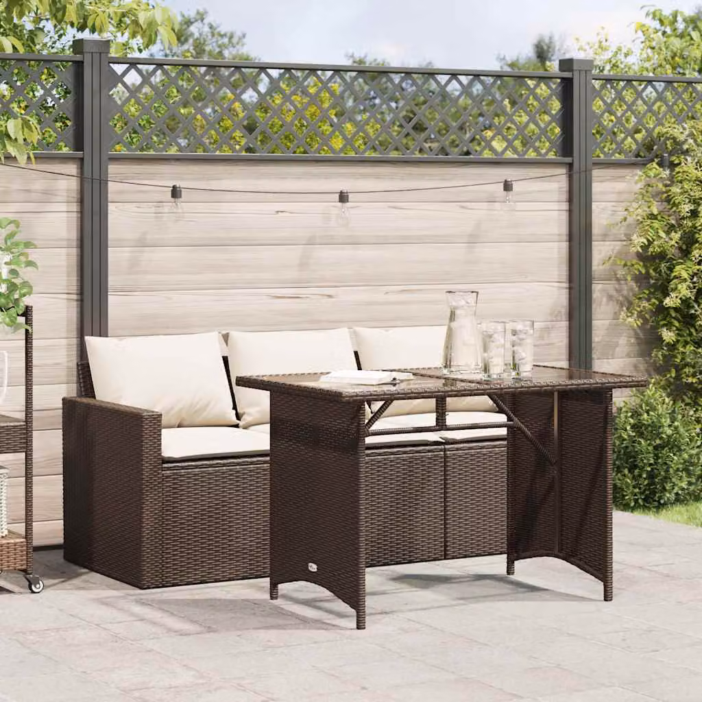 Set da pranzo da giardino vidaXL in polyrattan marrone e bianco con piano in vetro e cuscini