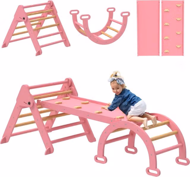 Triangolo da arrampicata Montessori AIYAPLAY pieghevole in legno con arco e rampa, rosa, H: 188 cm, L: 70 cm, P: 59 cm