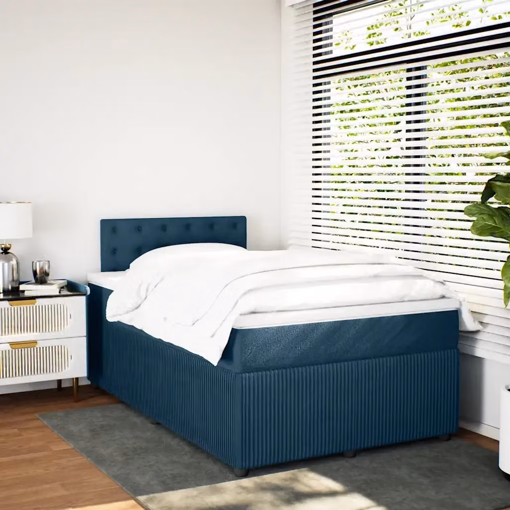 Letto con Giroletto a Molle e Materasso Ibrido vidaXL in Velluto Blu e Bianco L/P: 120 x 200 cm – 2