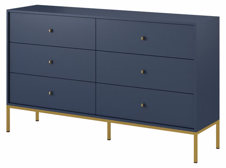 Comodino con sei cassetti, colore blu navy, maniglie dorate, dimensioni 154 x 39 x 83 cm