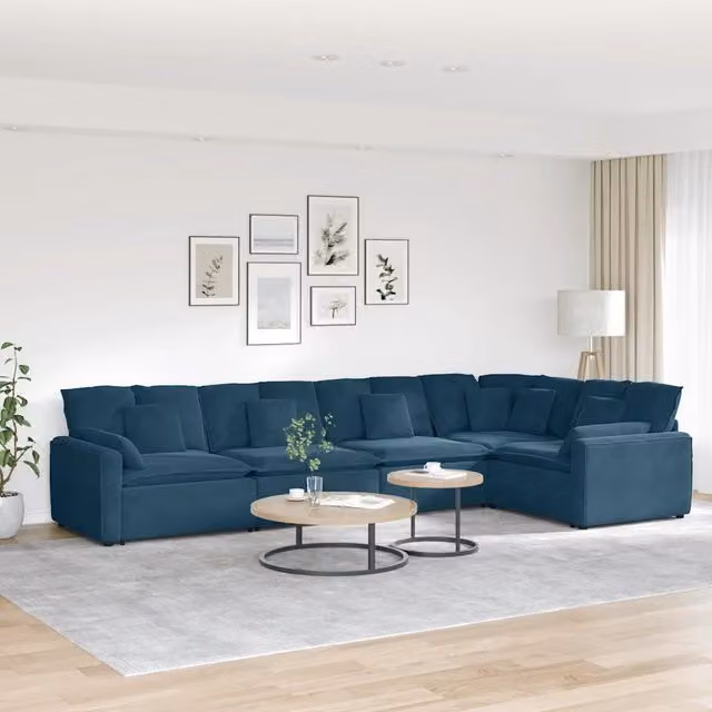 Divano Modulare Moderno vidaXL in Velluto Blu con Cuscini e Struttura in Metallo – 1