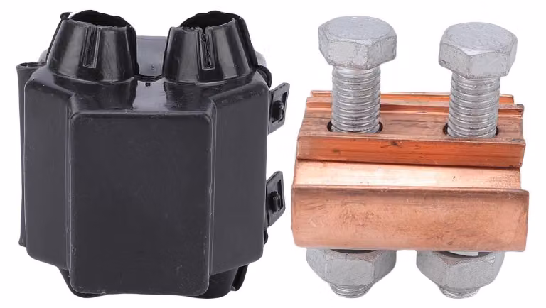 Morsetto parallelo in rame, tipo a T, con 2 fori, per cavi con guaina da 50 a 240 mm²