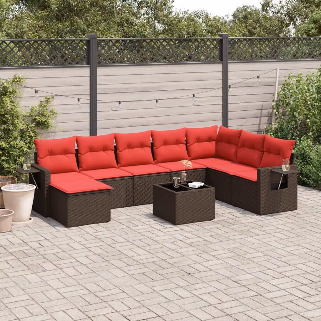 Maison Exclusive - Set divano da giardino 9 pezzi con cuscini, marrone, polyrattan